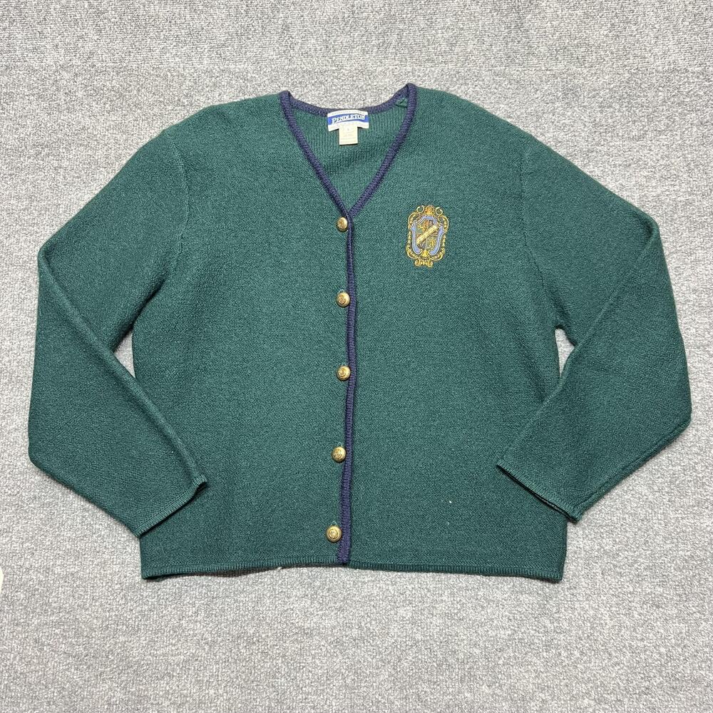 Vintage Pendleton Cardigan Sweater Womens Large Green 100% Wool Crest Logo